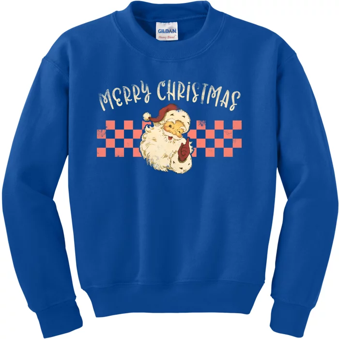 Retro Merry Christmas Vintage Checkered Santa Xmas Gift Kids Sweatshirt