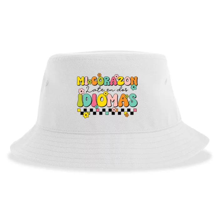 Retro Mi Corazon Late En Dos Idiomas Groovy Spanish Teacher Sustainable Bucket Hat