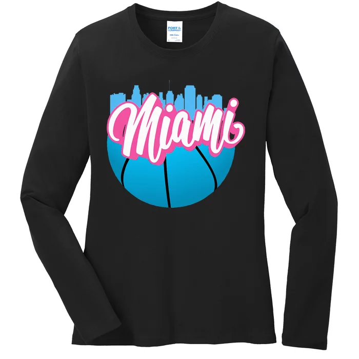 Retro Miami Cityscape Nostalgic Florida Vibes Ladies Long Sleeve Shirt