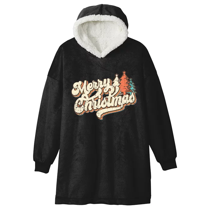 Retro Merry Christmas Happy Holiday Vintage Xmas Tree Hooded Wearable Blanket