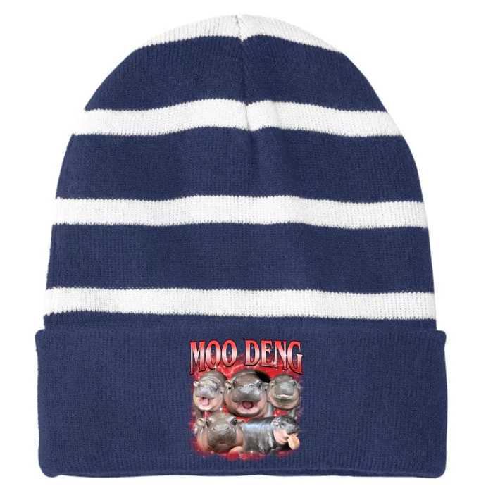 Red Moo Deng Meme Hippo Striped Beanie with Solid Band