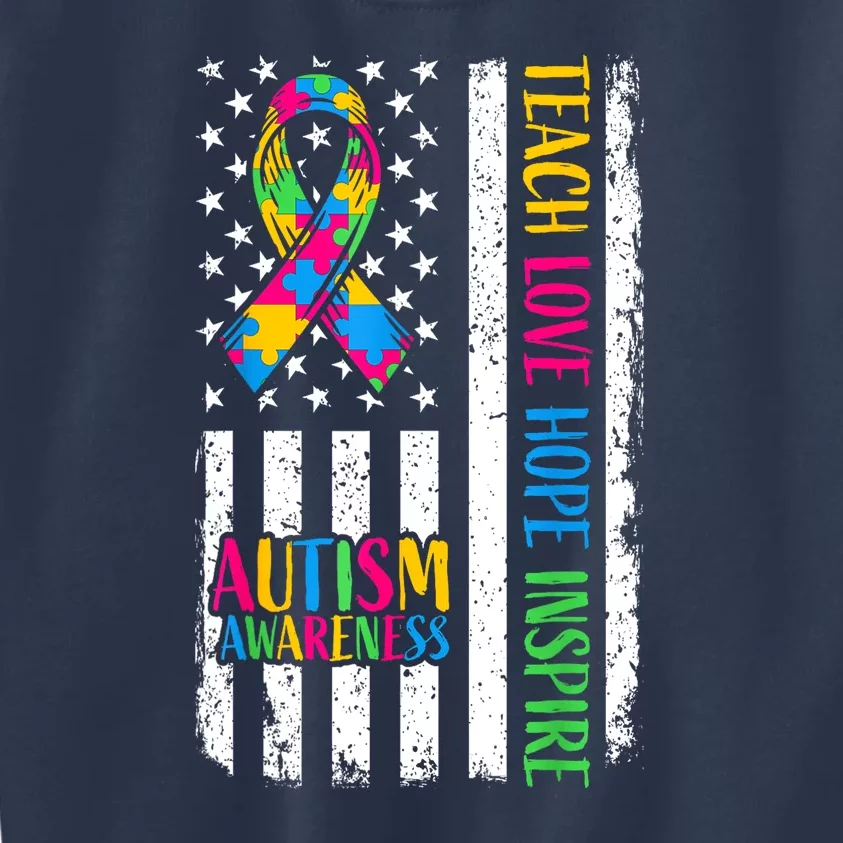 Ribbon Mom Dad American Flag Autism Teach Love Hope Inspire Gift Kids Sweatshirt