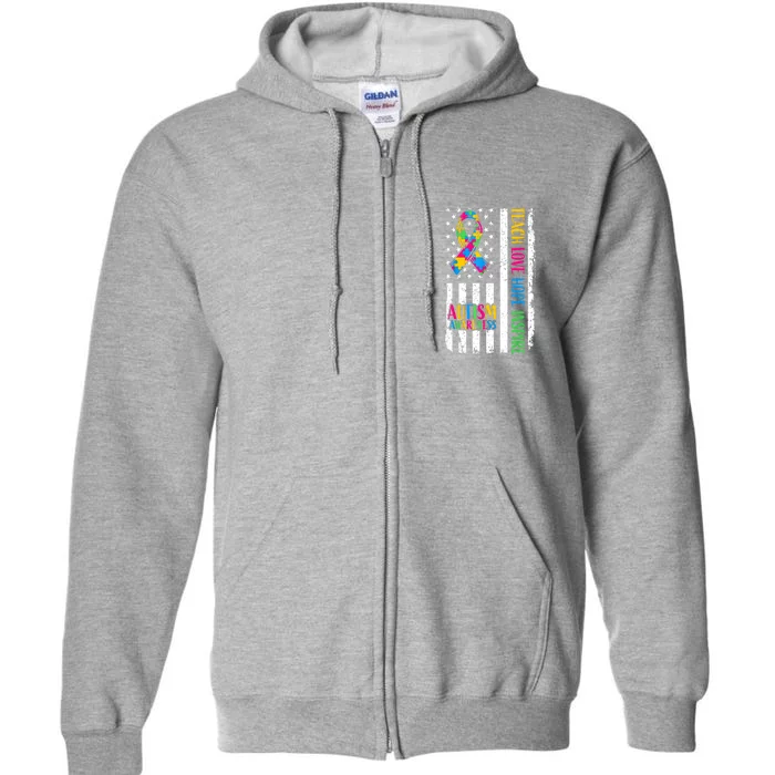 Ribbon Mom Dad American Flag Autism Teach Love Hope Inspire Gift Full Zip Hoodie