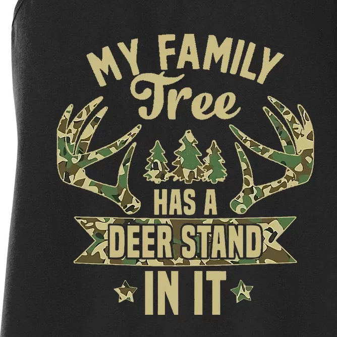 retro My Family Tree Has A Deer Stand In It  Camo Hunting Women's Racerback Tank