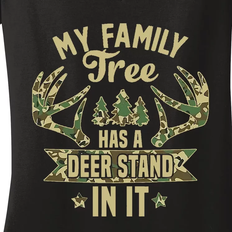 retro My Family Tree Has A Deer Stand In It  Camo Hunting Women's V-Neck T-Shirt