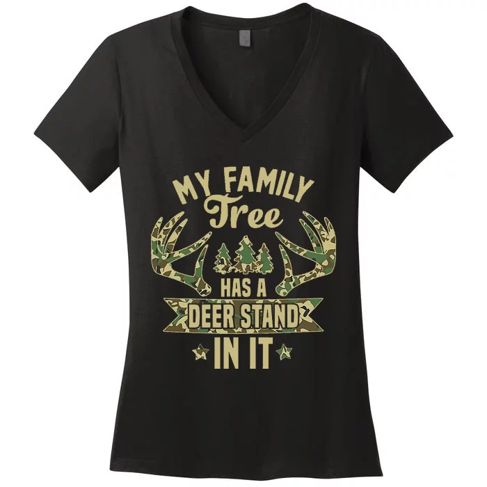 retro My Family Tree Has A Deer Stand In It  Camo Hunting Women's V-Neck T-Shirt