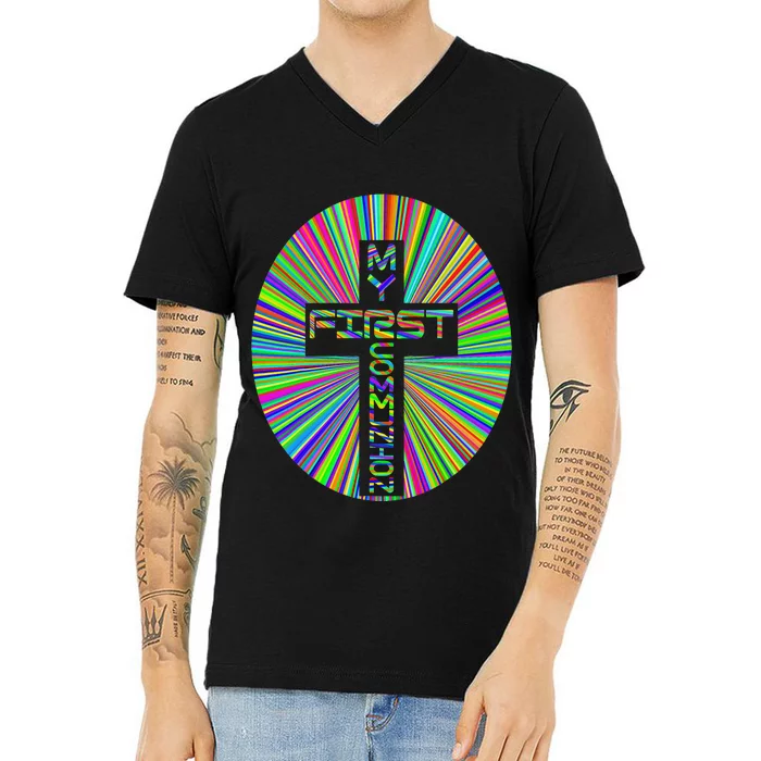 Religious My First Communion Cross Christian Faith Church V-Neck T-Shirt