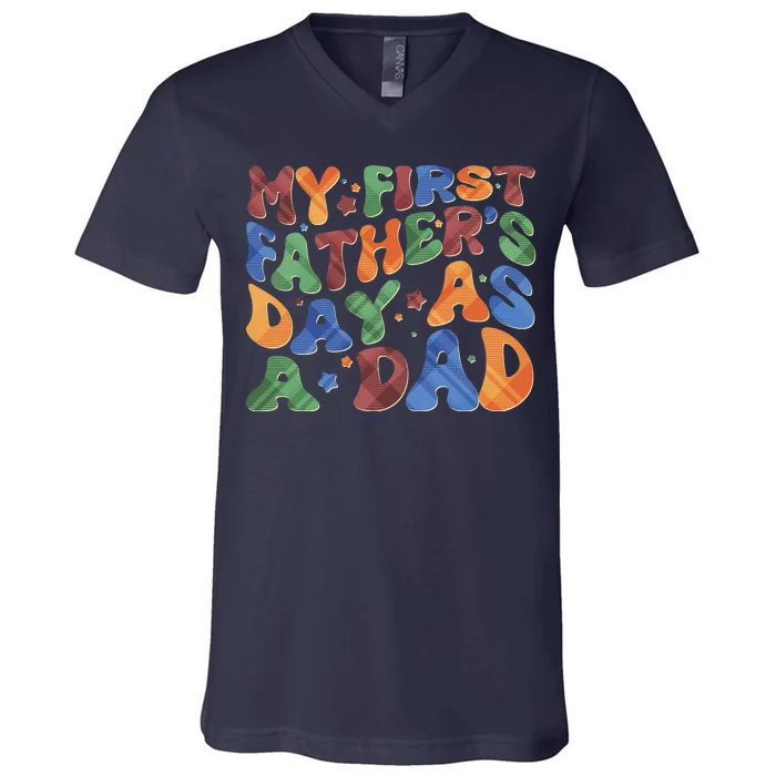 Retro My First Fathers Day As A Dad V-Neck T-Shirt