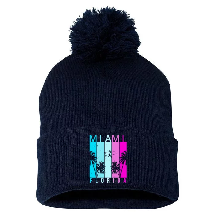 Retro Miami Florida Summer Neon Colors Pom Pom 12in Knit Beanie