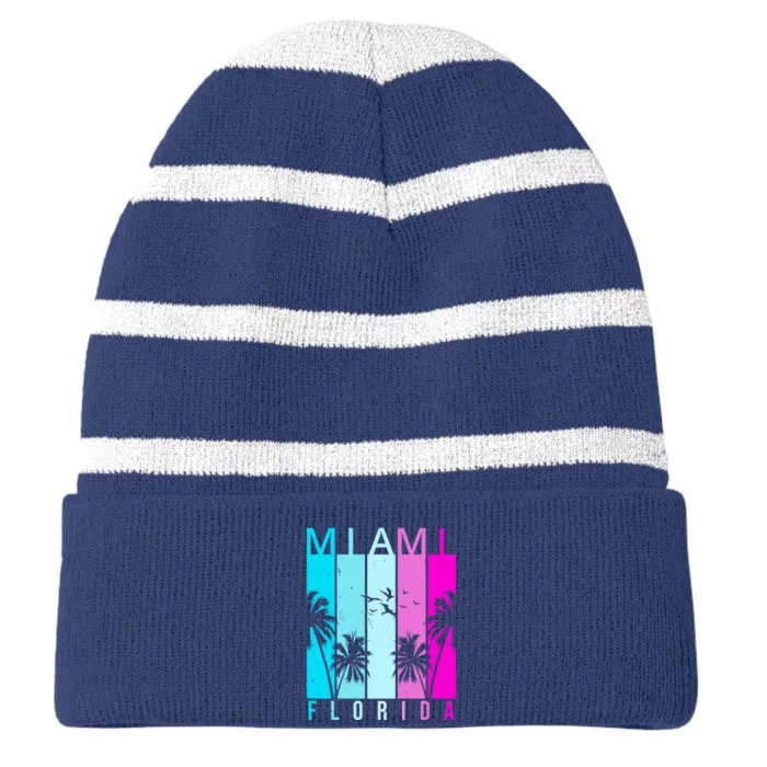 Retro Miami Florida Summer Neon Colors Striped Beanie with Solid Band