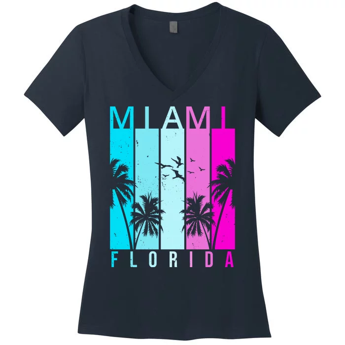 Retro Miami Florida Summer Neon Colors Women's V-Neck T-Shirt