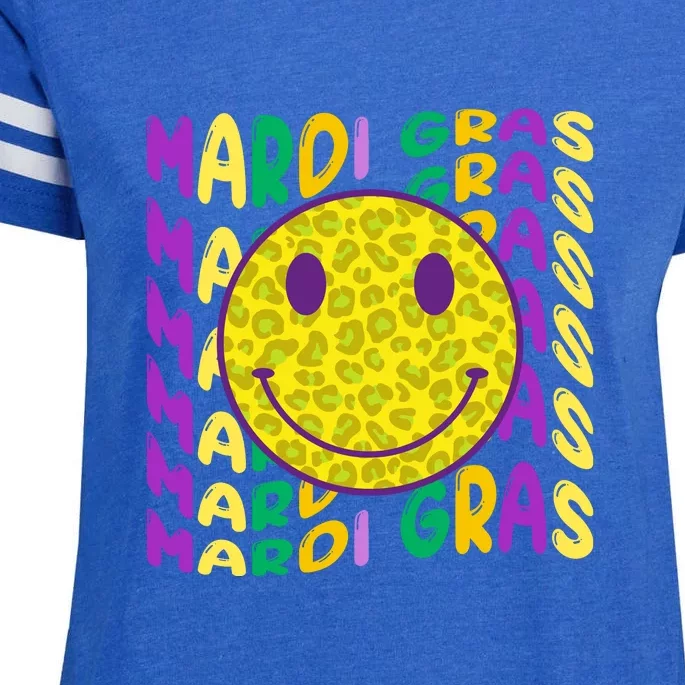 Retro Mardi Gras Leopard Smiley Face Fat Tuesday Celebration Gift Enza Ladies Jersey Football T-Shirt