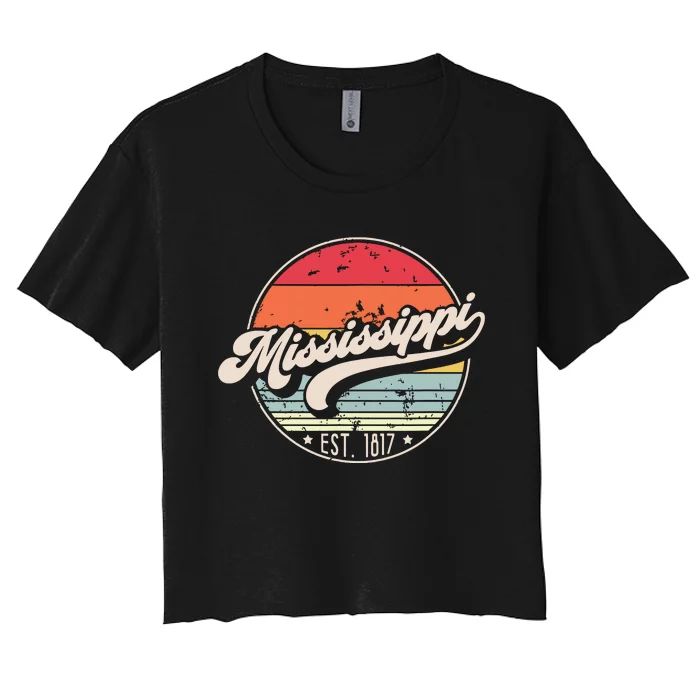 Retro Mississippi Home State Ms Cool 70s Style Sunset Women's Crop Top Tee