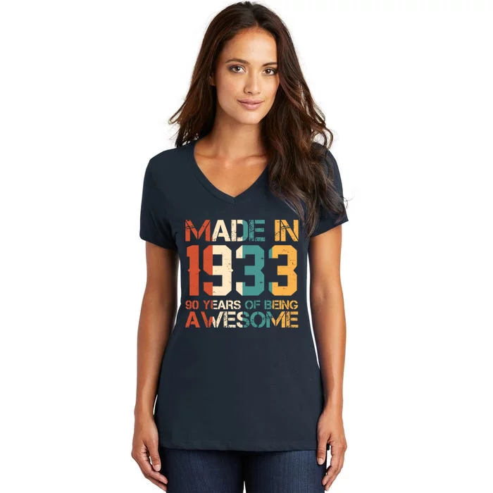 Retro Made In 1933 90 Years Of Being Awesome Birthday Women's V-Neck T-Shirt