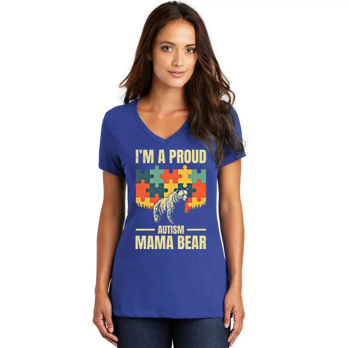 Retro Mom IM A Proud Autism Mama Bear Autistic Daughter Son Gift Women's V-Neck T-Shirt