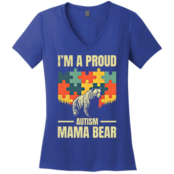 Retro Mom IM A Proud Autism Mama Bear Autistic Daughter Son Gift Women's V-Neck T-Shirt