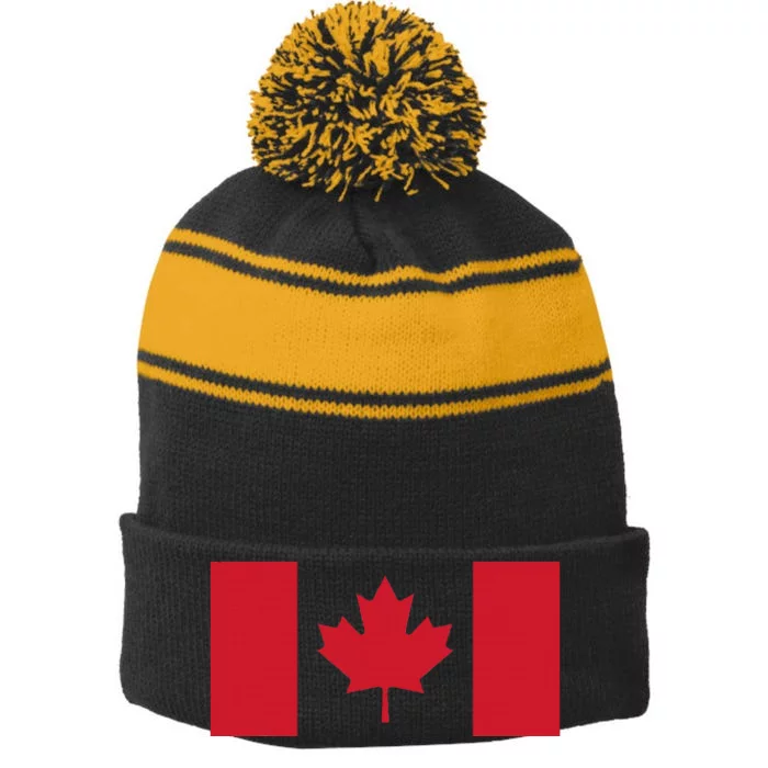 Red Maple Leaf Canada Day Stripe Pom Pom Beanie