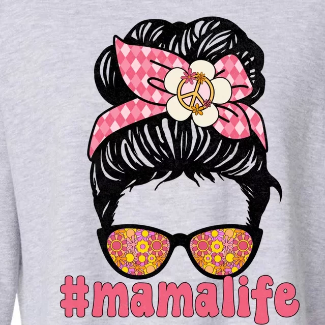 Retro Mama Life Messy Bun Hippie Groovy Mothers Day Gift Cropped Pullover Crew