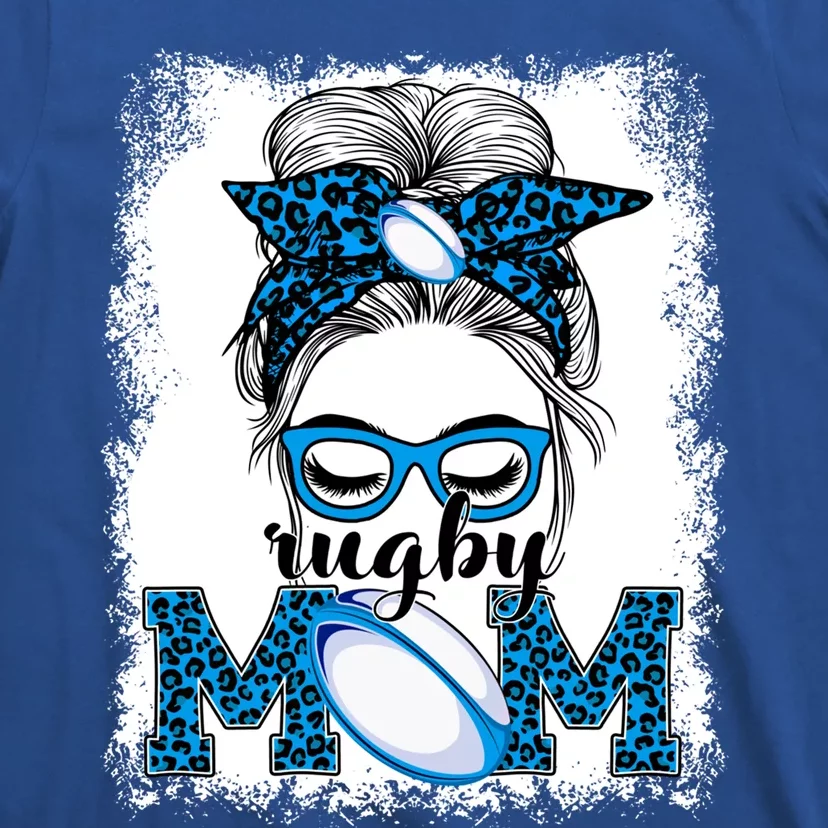 Rugby Mom Mother's Day Game Day Messy Bun Leopard Gift T-Shirt