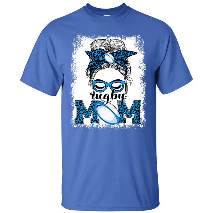 Rugby Mom Mother's Day Game Day Messy Bun Leopard Gift Tall T-Shirt