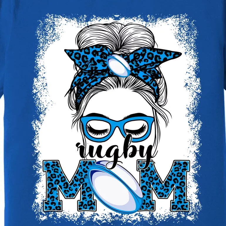 Rugby Mom Mother's Day Game Day Messy Bun Leopard Gift Premium T-Shirt