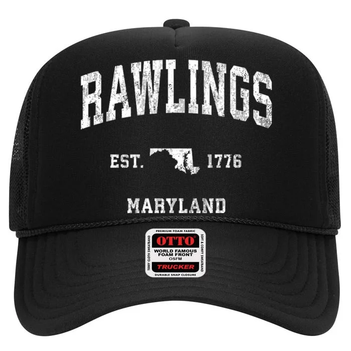 Rawlings Maryland Md Vintage Athletic Black Sports High Crown Mesh Trucker Hat