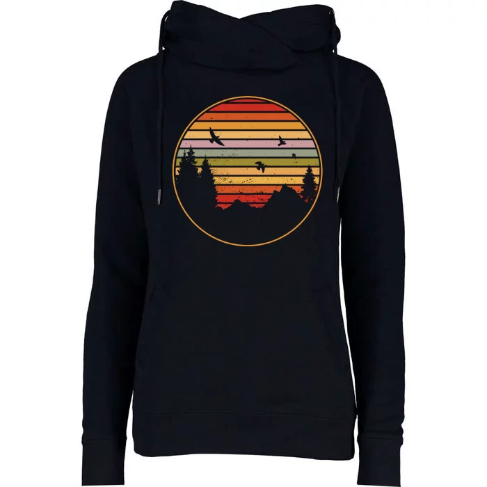 Retro Mountain Nature Sunset Womens Funnel Neck Pullover Hood