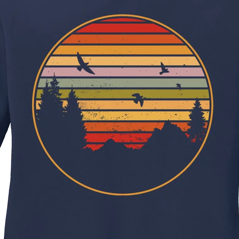 Retro Mountain Nature Sunset Ladies Long Sleeve Shirt