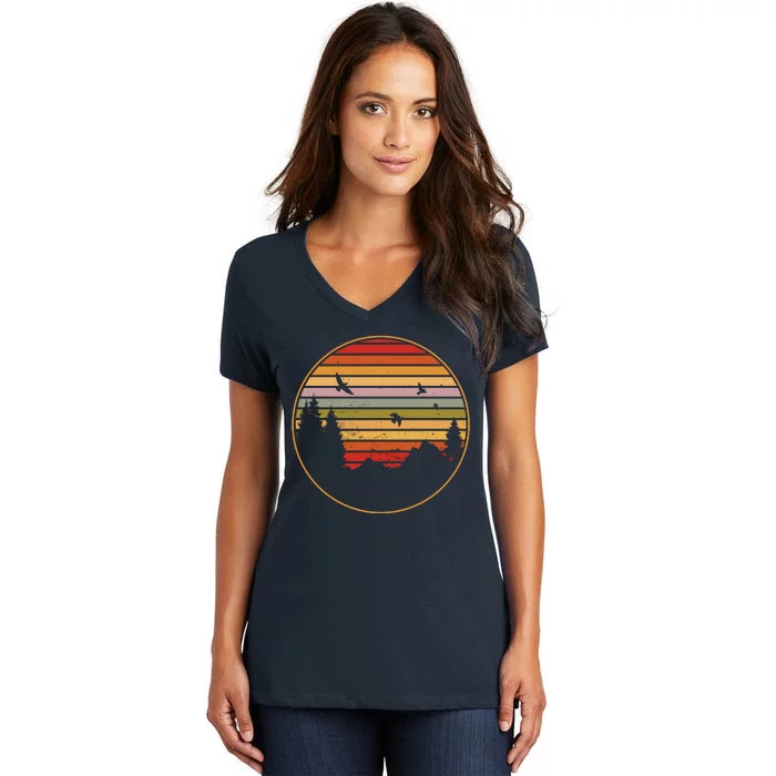 Retro Mountain Nature Sunset Women's V-Neck T-Shirt