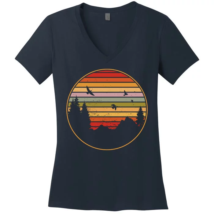 Retro Mountain Nature Sunset Women's V-Neck T-Shirt