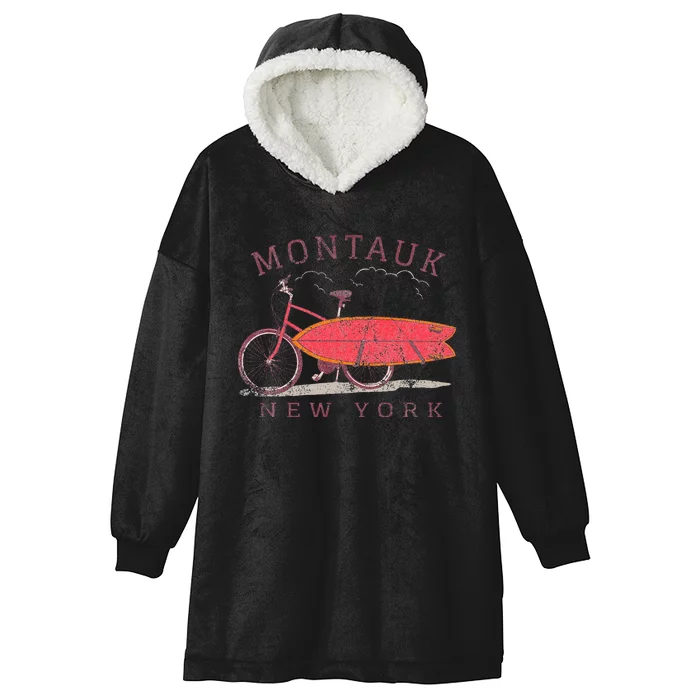 Retro Montauk New York Surfing Fan Surfboard Bicycle Art Hooded Wearable Blanket