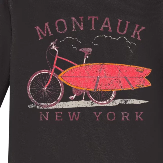 Retro Montauk New York Surfing Fan Surfboard Bicycle Art Baby Long Sleeve Bodysuit