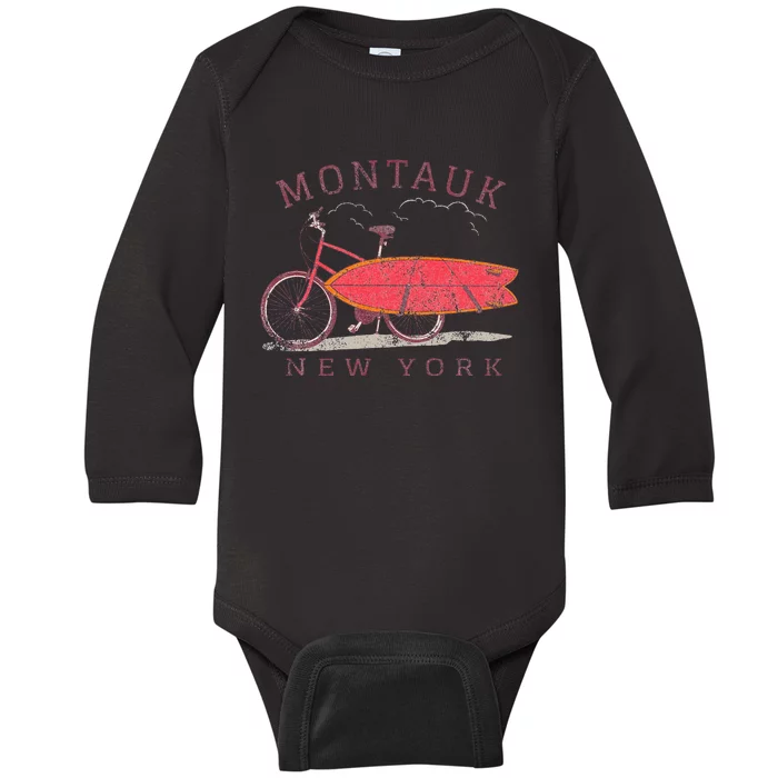 Retro Montauk New York Surfing Fan Surfboard Bicycle Art Baby Long Sleeve Bodysuit