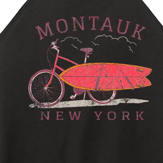 Retro Montauk New York Surfing Fan Surfboard Bicycle Art Women’s Perfect Tri Rocker Tank