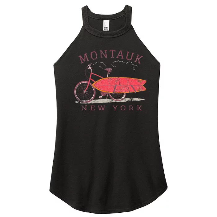 Retro Montauk New York Surfing Fan Surfboard Bicycle Art Women’s Perfect Tri Rocker Tank