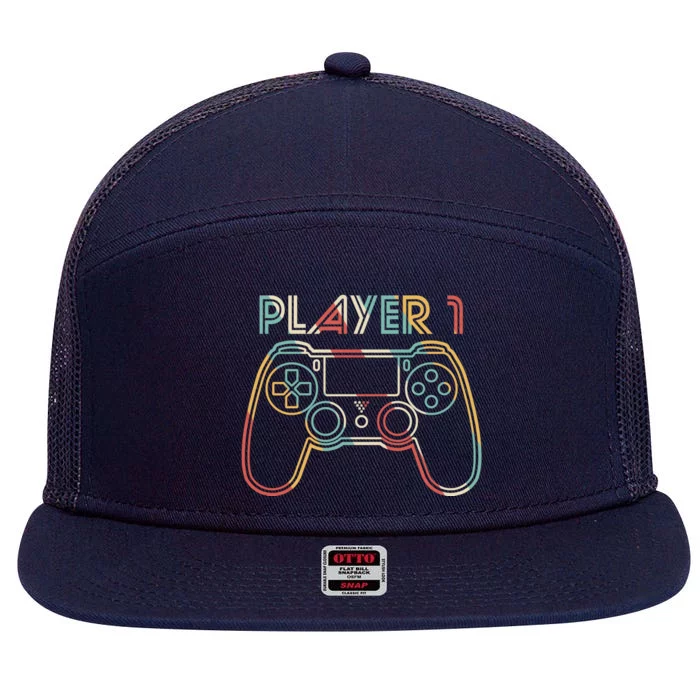 Retro Matching Player 1 Video Gamer 7 Panel Mesh Trucker Snapback Hat