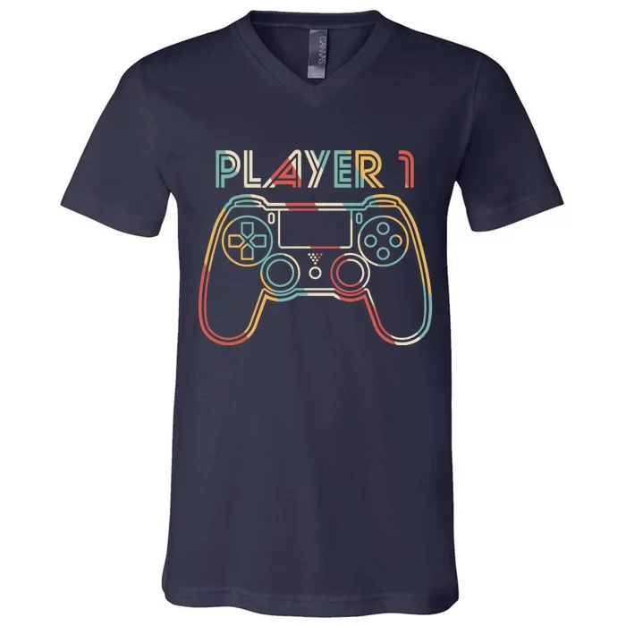 Retro Matching Player 1 Video Gamer V-Neck T-Shirt