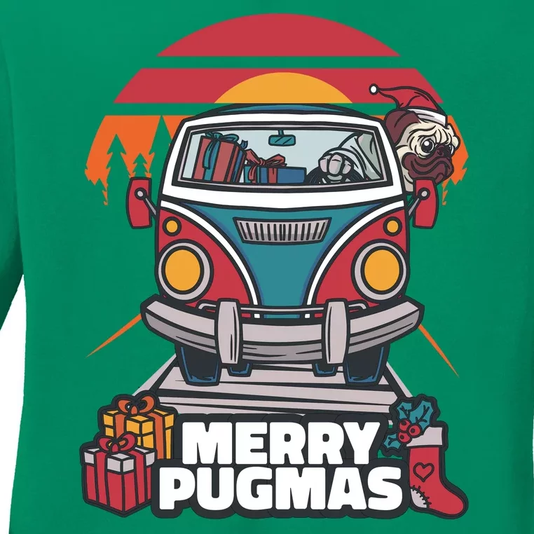 Retro Merry Pugmas Ladies Long Sleeve Shirt