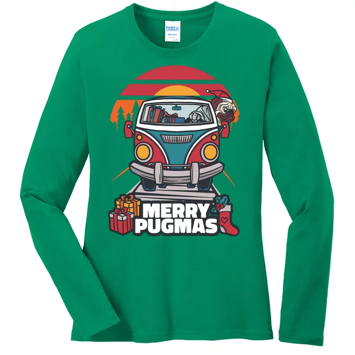 Retro Merry Pugmas Ladies Long Sleeve Shirt