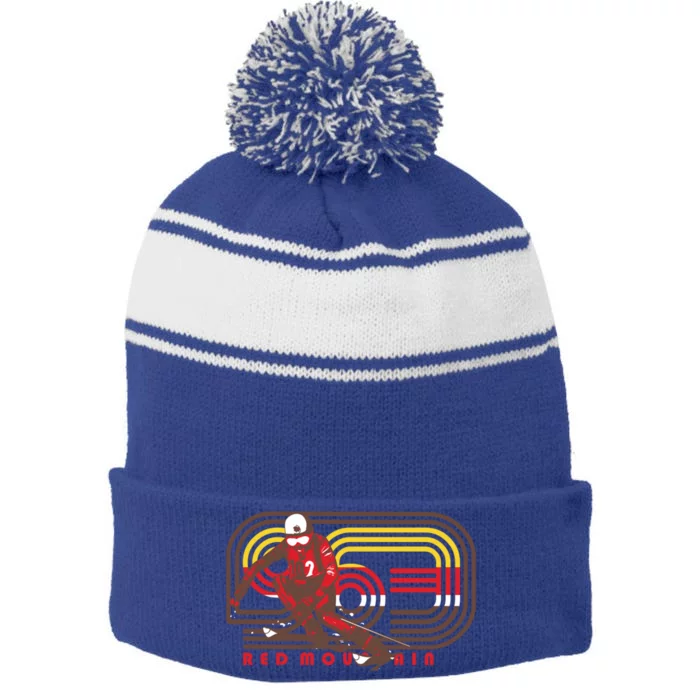 Red Mountain Retro Skiing Ski Gift Stripe Pom Pom Beanie