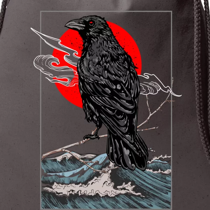 Red Moon Raven Graphic Black Crow Drawstring Bag