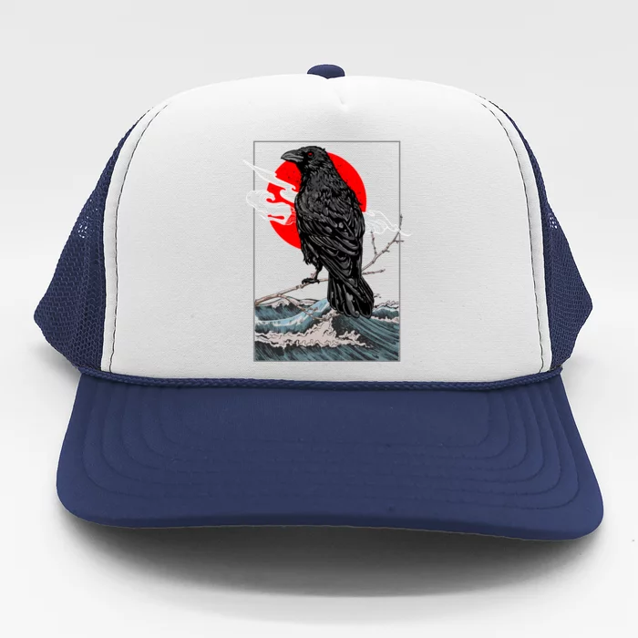 Red Moon Raven Graphic Black Crow Trucker Hat