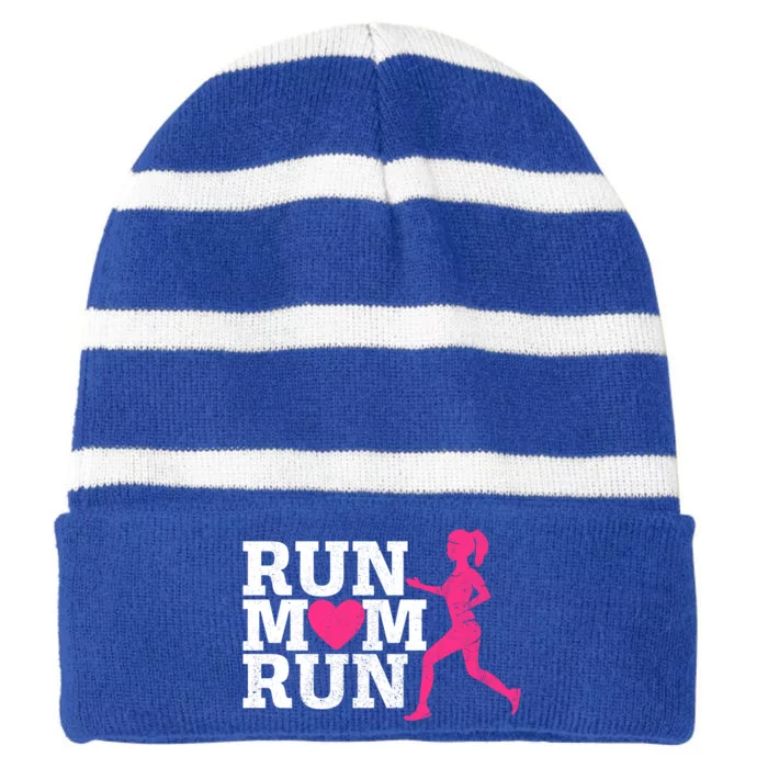 Run Mom Run Marathon Running Spectator Runner Mother's Day Gift Striped Beanie with Solid Band