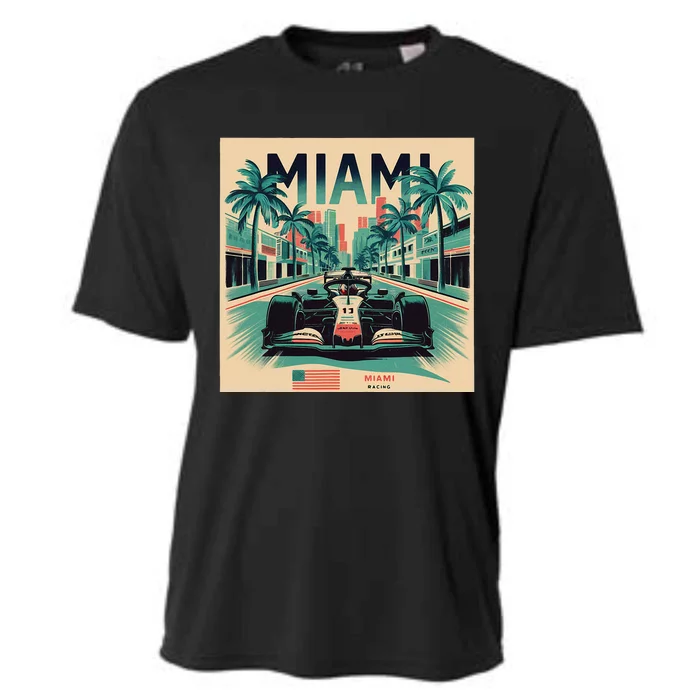 Retro Miami Racing Car Formula Racing Cooling Performance Crew T-Shirt