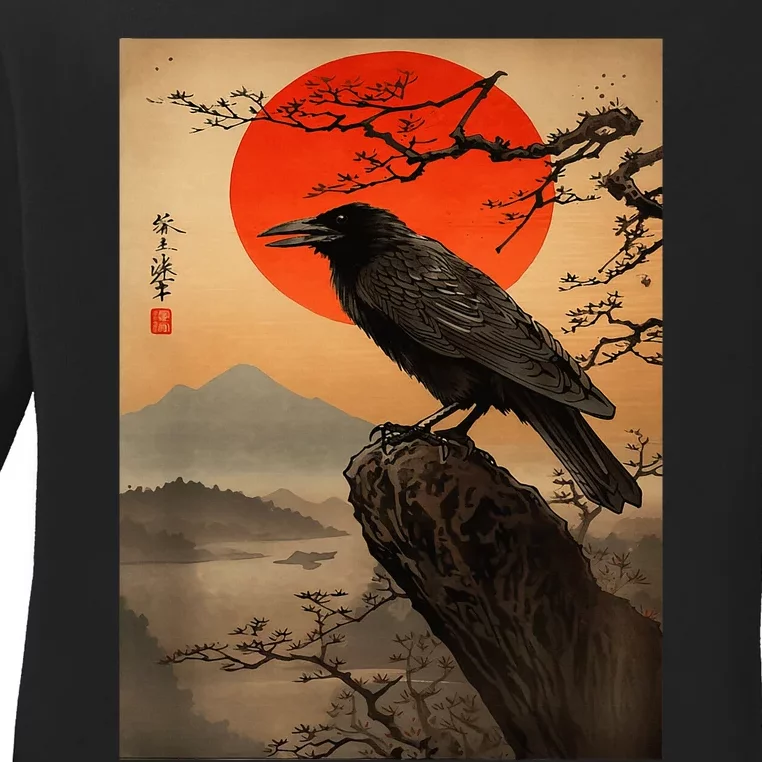 Red Moon Raven Graphic Black Crow Ladies Long Sleeve Shirt