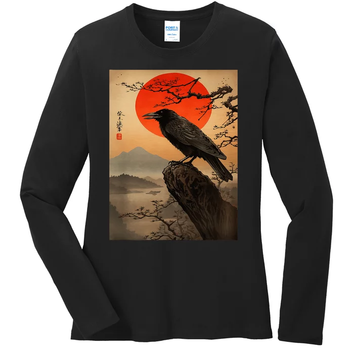 Red Moon Raven Graphic Black Crow Ladies Long Sleeve Shirt