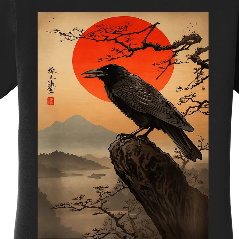 Red Moon Raven Graphic Black Crow Women's T-Shirt