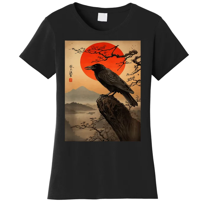 Red Moon Raven Graphic Black Crow Women's T-Shirt