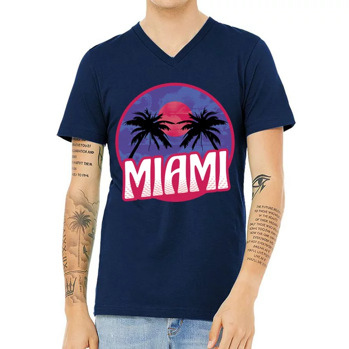 Retro Miami Sunset Palm Tree V-Neck T-Shirt