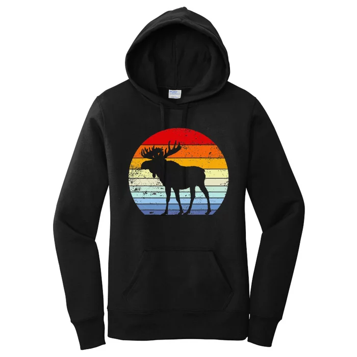 Retro Moose Sunset Vintage Silhouette Distressed Style Women's Pullover Hoodie